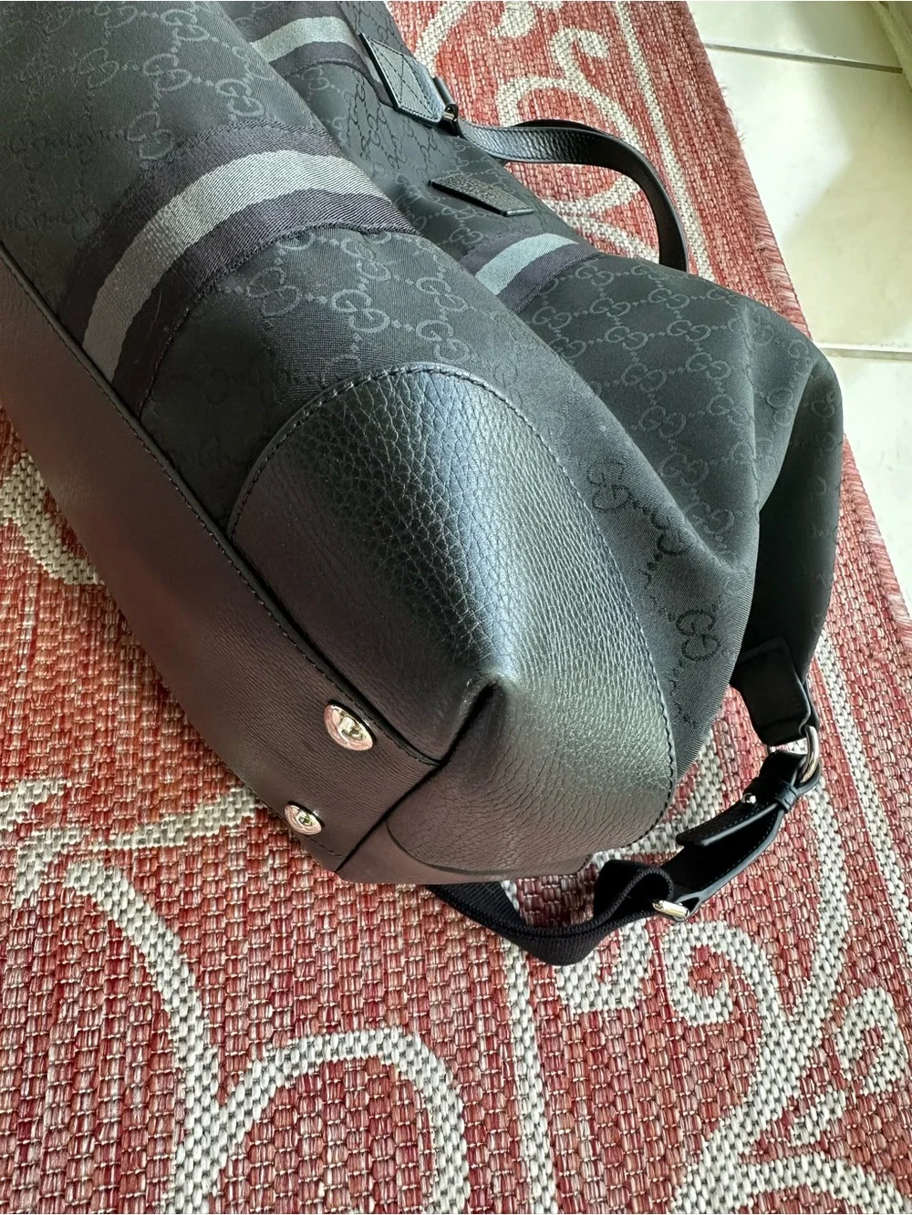 Gucci GG Nylon Duffle Bag Black Leather Trim Travel Weekender Shoulder Bag